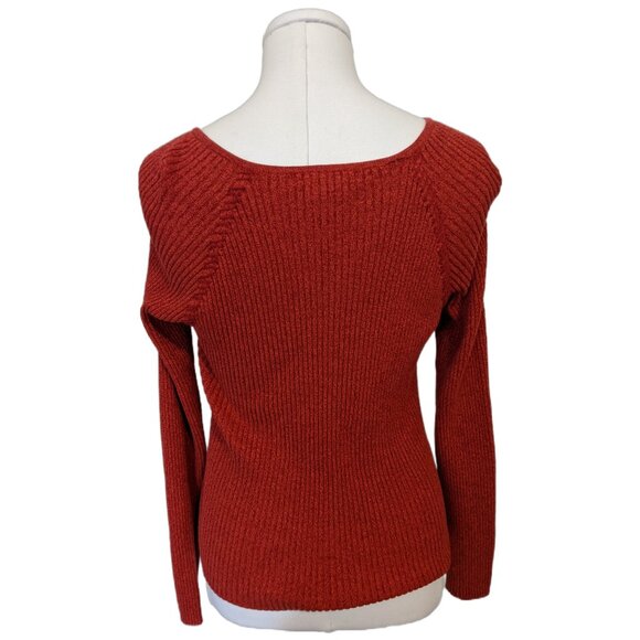 Vintage Y2K Rust Red Ribbed V-Neck Sweater Knit Top Cotton School Bella Swan L - Picture 7 of 10